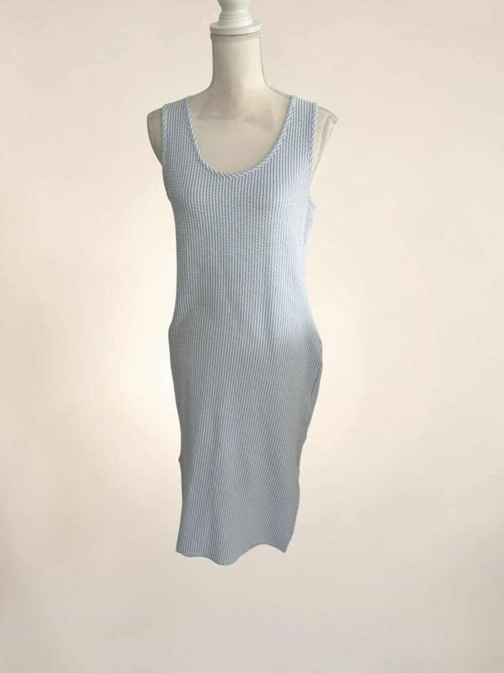 GREEN ENVELOPE Blue White Striped Seersucker Midi Dress Size Medium